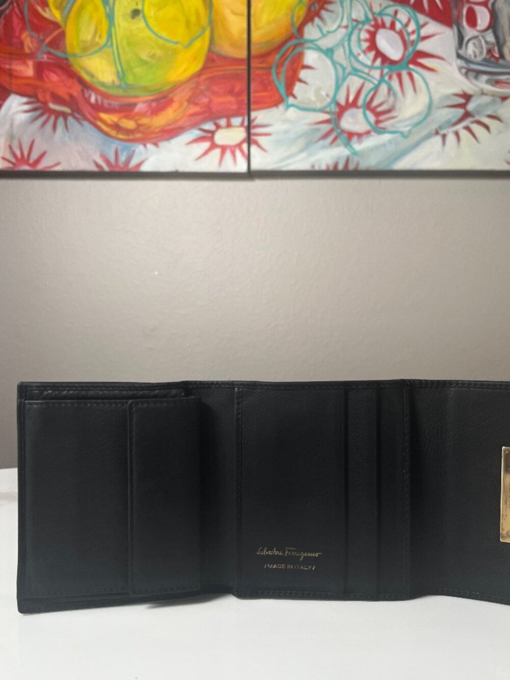 Salvatore Ferragamo Black Leather Gancini Clasp Trifold Wallet - Picture 8 of 11
